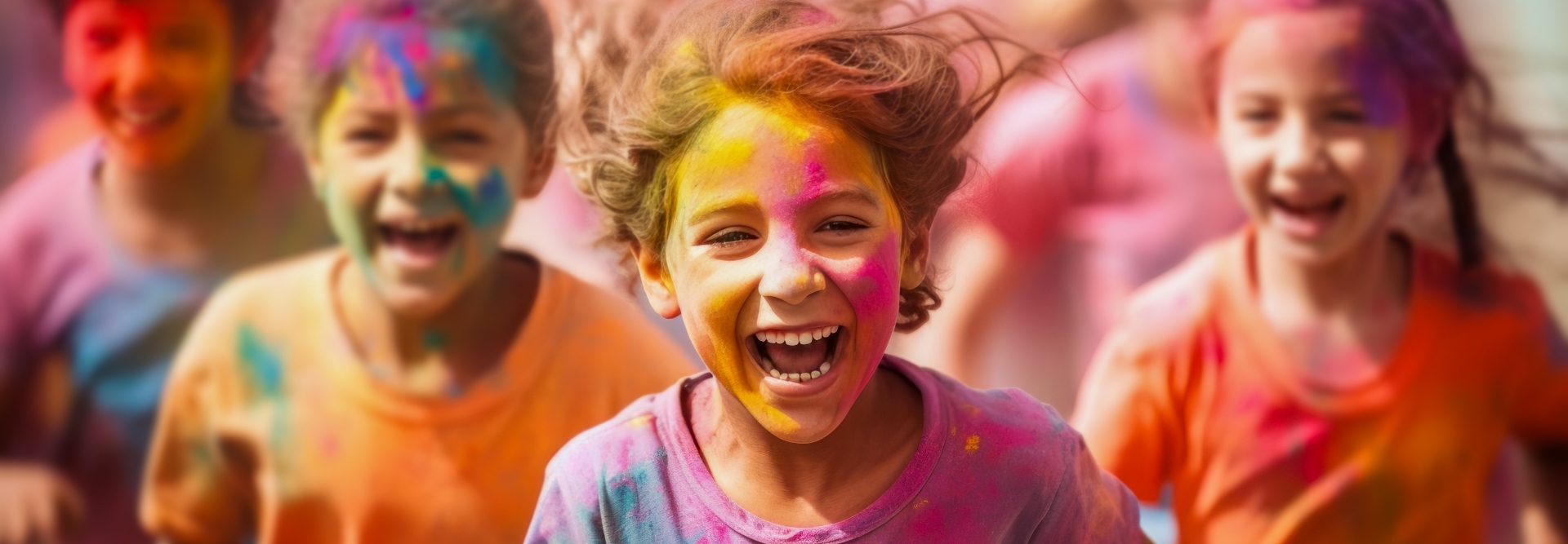 Happy young children running in the colour run.